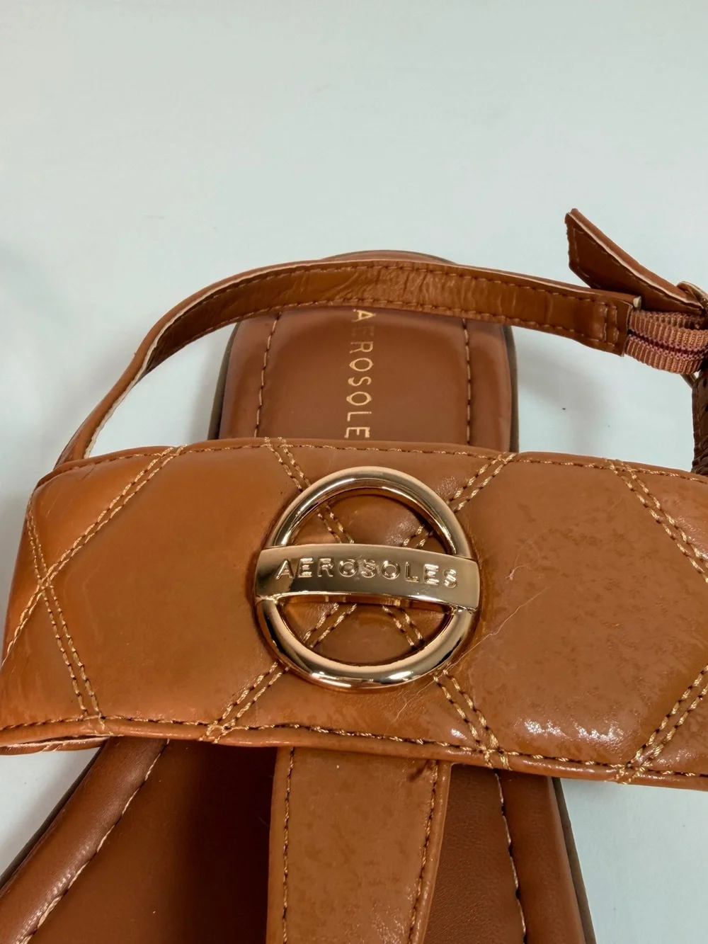 AEROSOLES Cognac/Tan Leather Thong Sandals with Gold Buckle